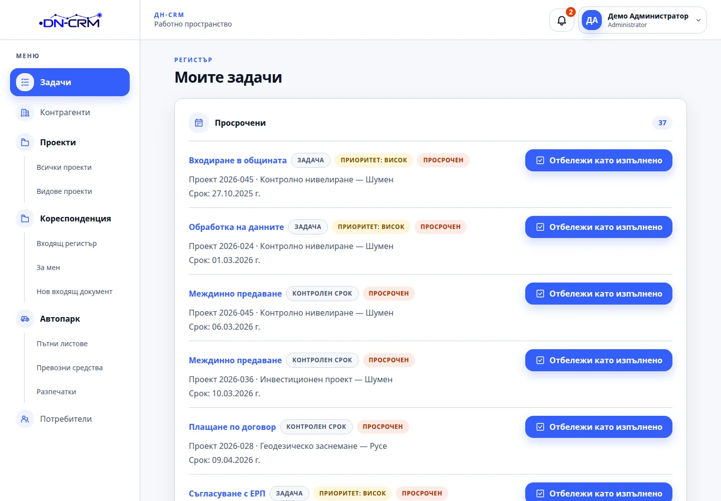 Задачи и просрочия в DN-CRM със синтетични демо данни